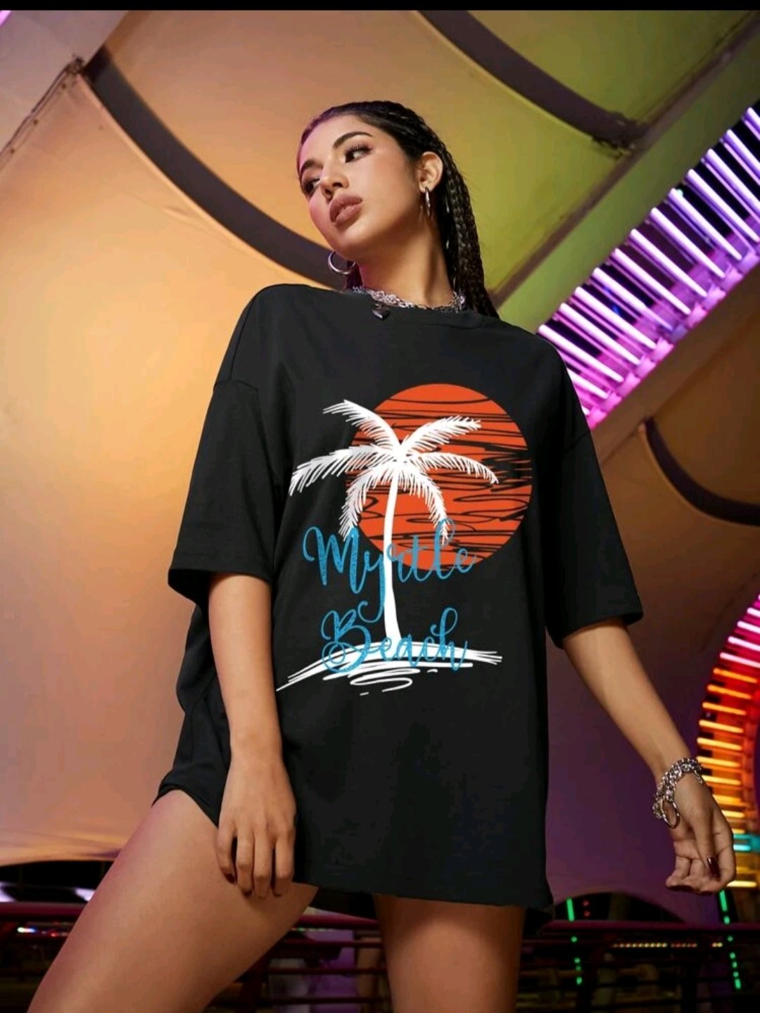 Tropical And Letter Graphic Oversized Tee - Image 5