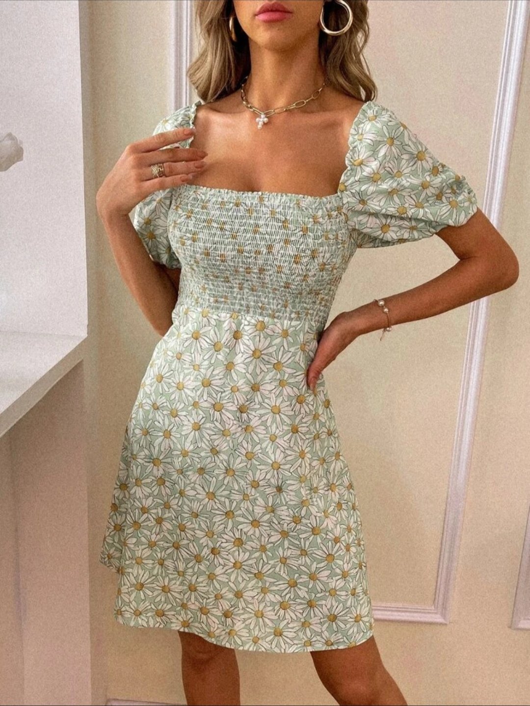 All Over Floral Print Puff Sleeve Milkmaid Dress - Image 3