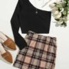SHEIN One Shoulder Solid Crop Top & Plaid Skirt Set