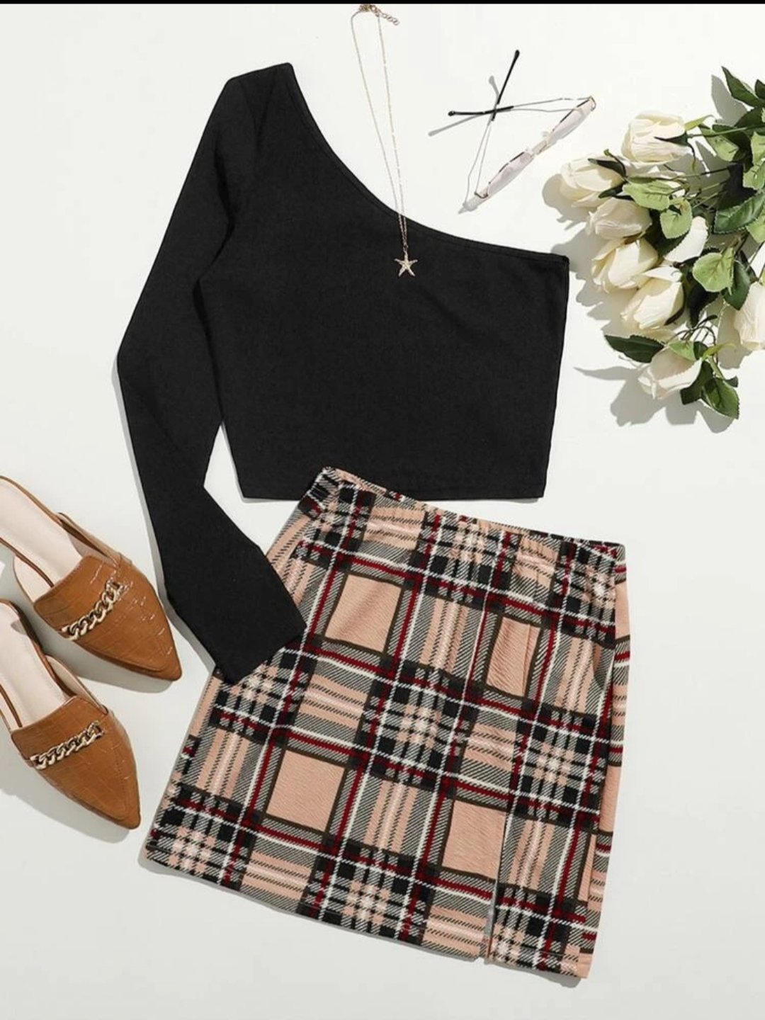 SHEIN One Shoulder Solid Crop Top & Plaid Skirt Set