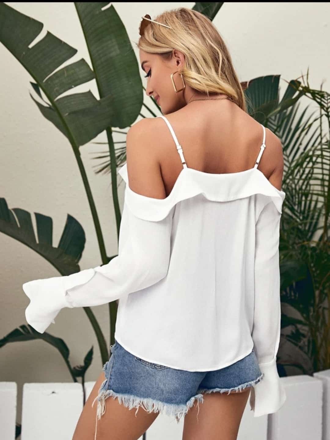 SHEIN Foldover Cold Shoulder Flounce Sleeve Solid Top - Image 5