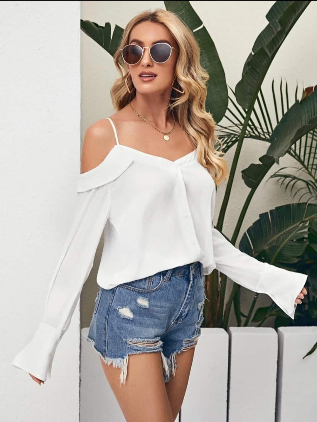SHEIN Foldover Cold Shoulder Flounce Sleeve Solid Top - Image 2