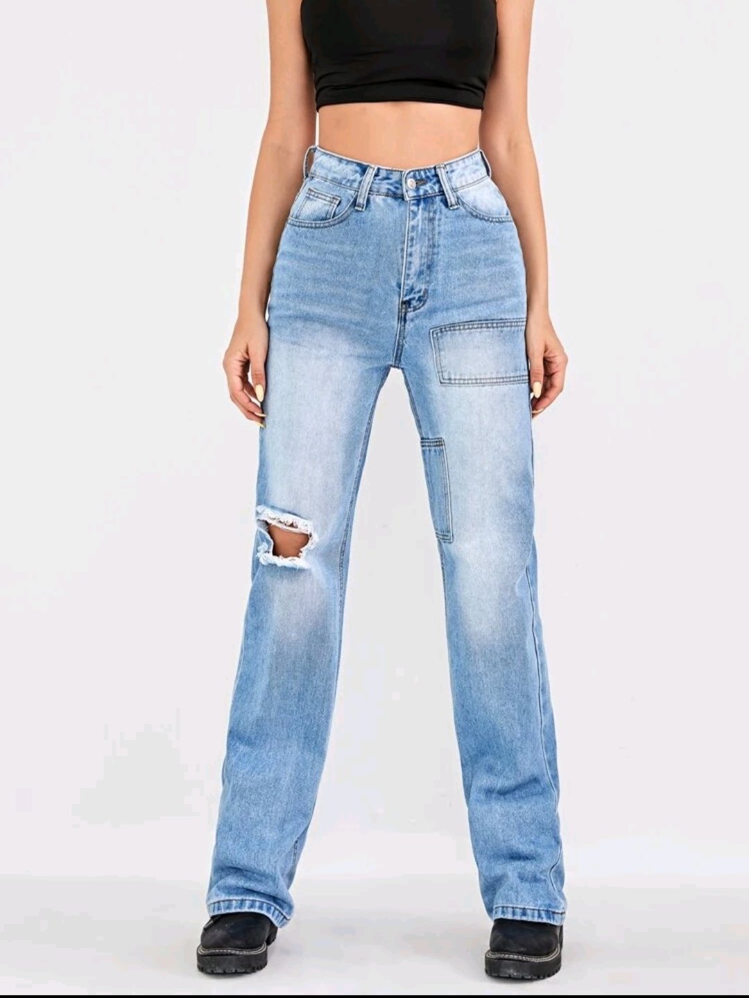 Bleach Wash High-Rise Ripped Straight Leg Jeans - Image 4