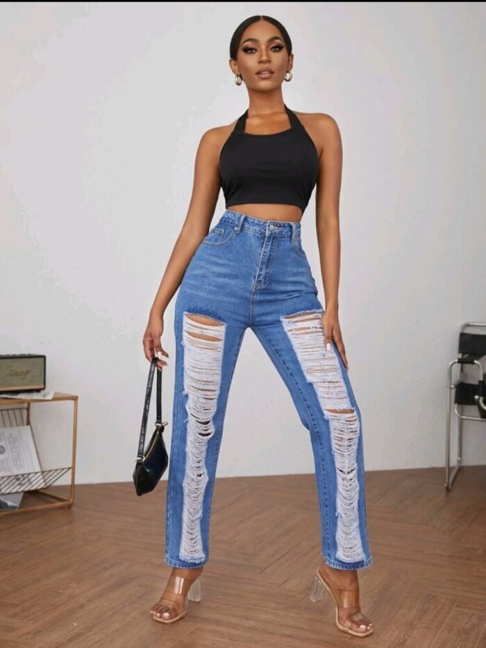 Zipper Fly Ripped Detail Jeans