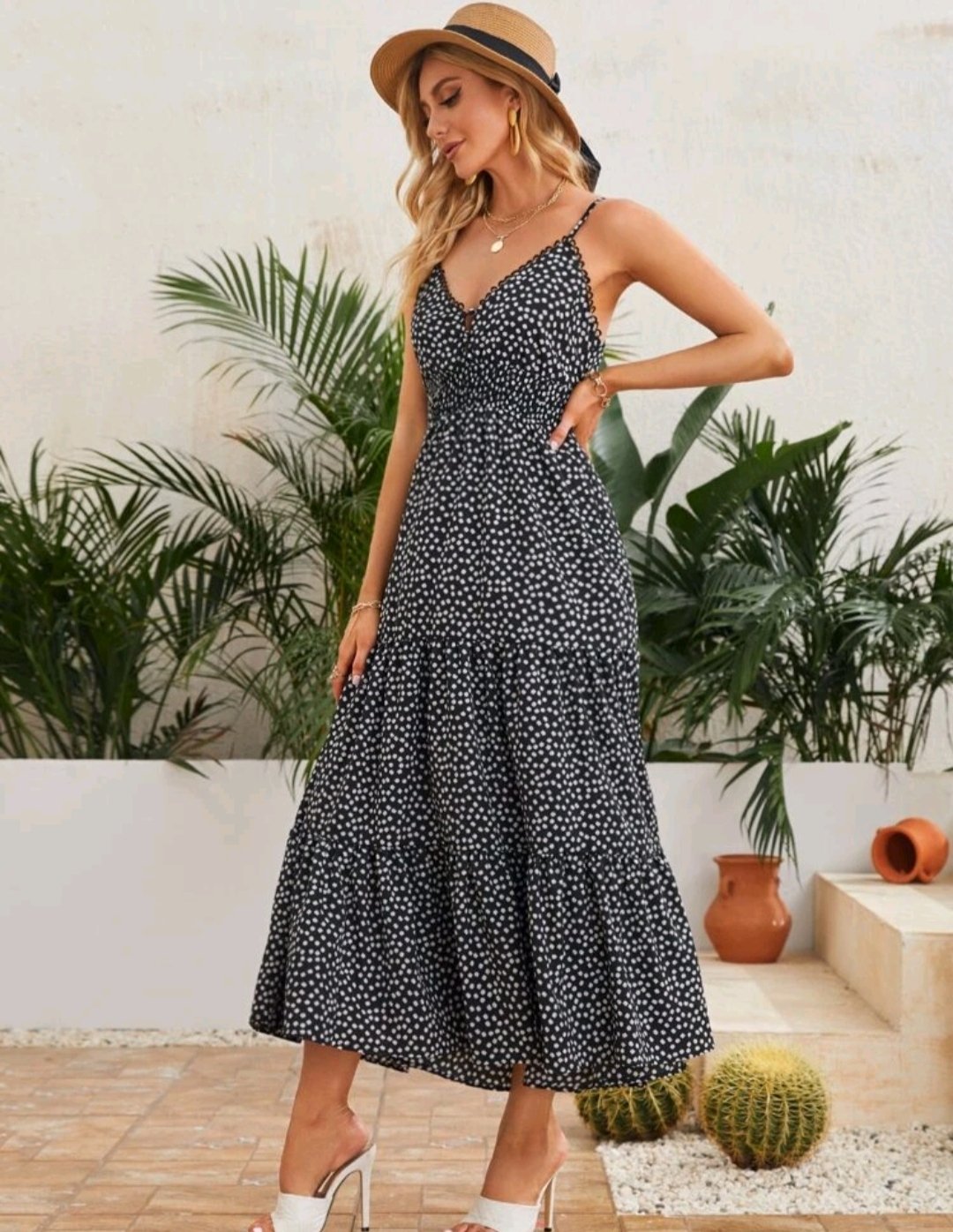 SHEIN Ditsy Floral Tie Backless Tiered Hem Slip Dress - Image 3