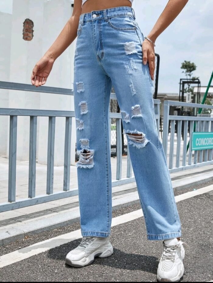 High Waist Ripped Straight Jeans