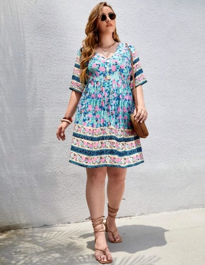 Plus Floral Print Button Smock Dress