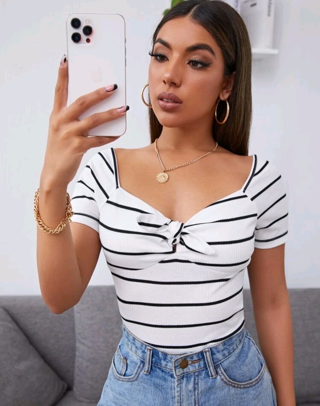 SHEIN Knot Front Striped Top
