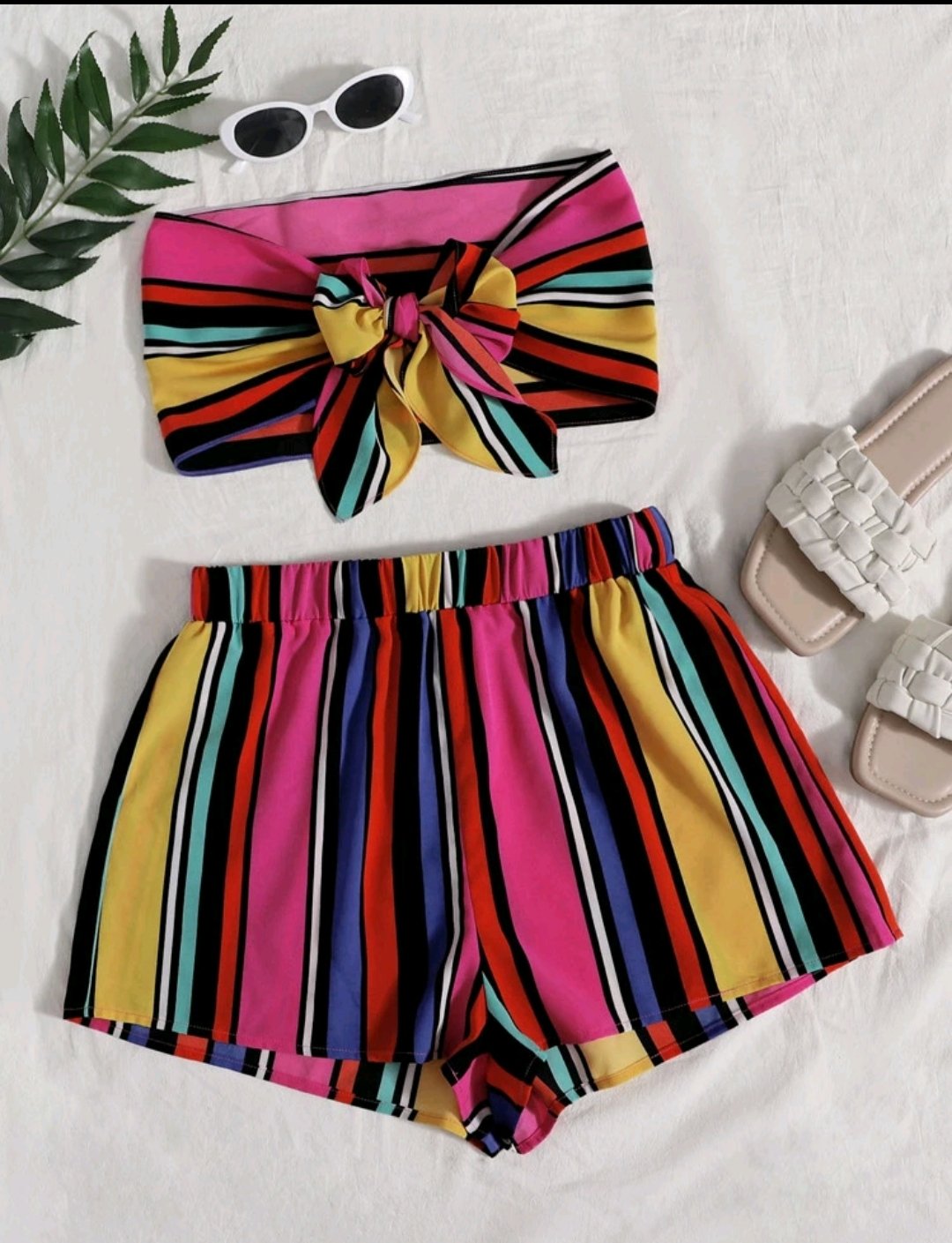 SHEIN Striped Colorblock Tie Front Crop Tube Top & Shorts Set