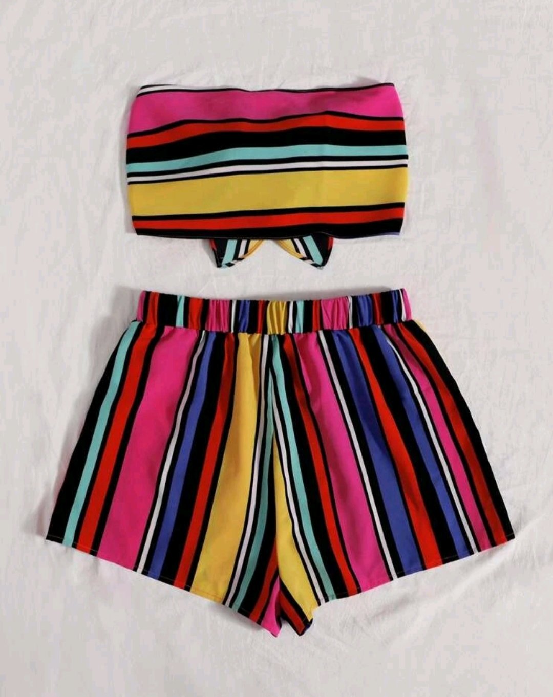 SHEIN Striped Colorblock Tie Front Crop Tube Top & Shorts Set - Image 5