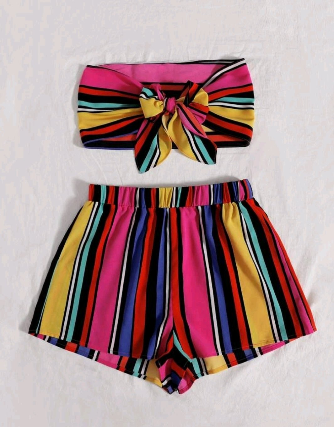 SHEIN Striped Colorblock Tie Front Crop Tube Top & Shorts Set - Image 2