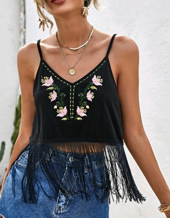 SHEIN Fringe Hem Floral Embroidered Cami Top