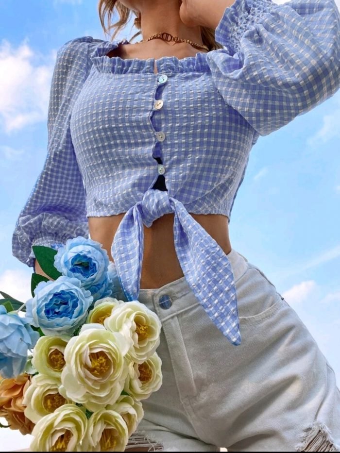 Knot Hem Button Front Gingham Blouse