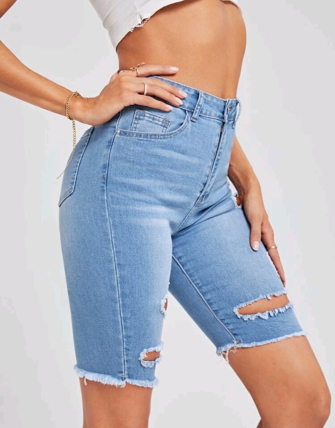 High Waist Ripped Bermuda Denim Shorts - Image 4