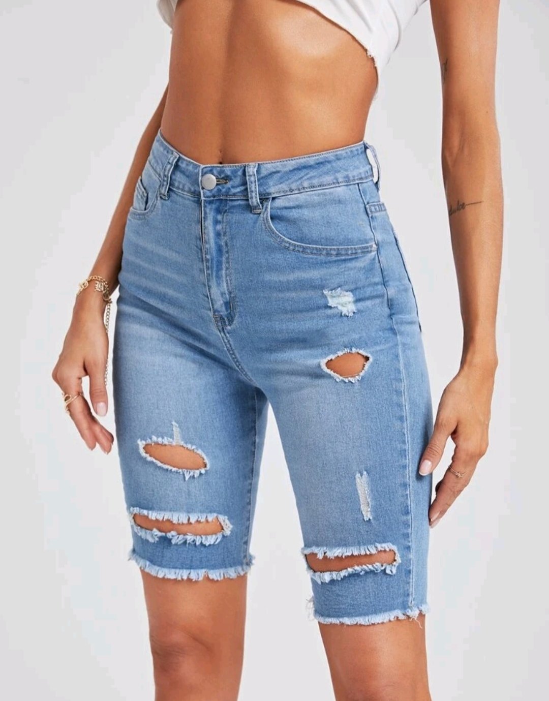 High Waist Ripped Bermuda Denim Shorts - Image 3