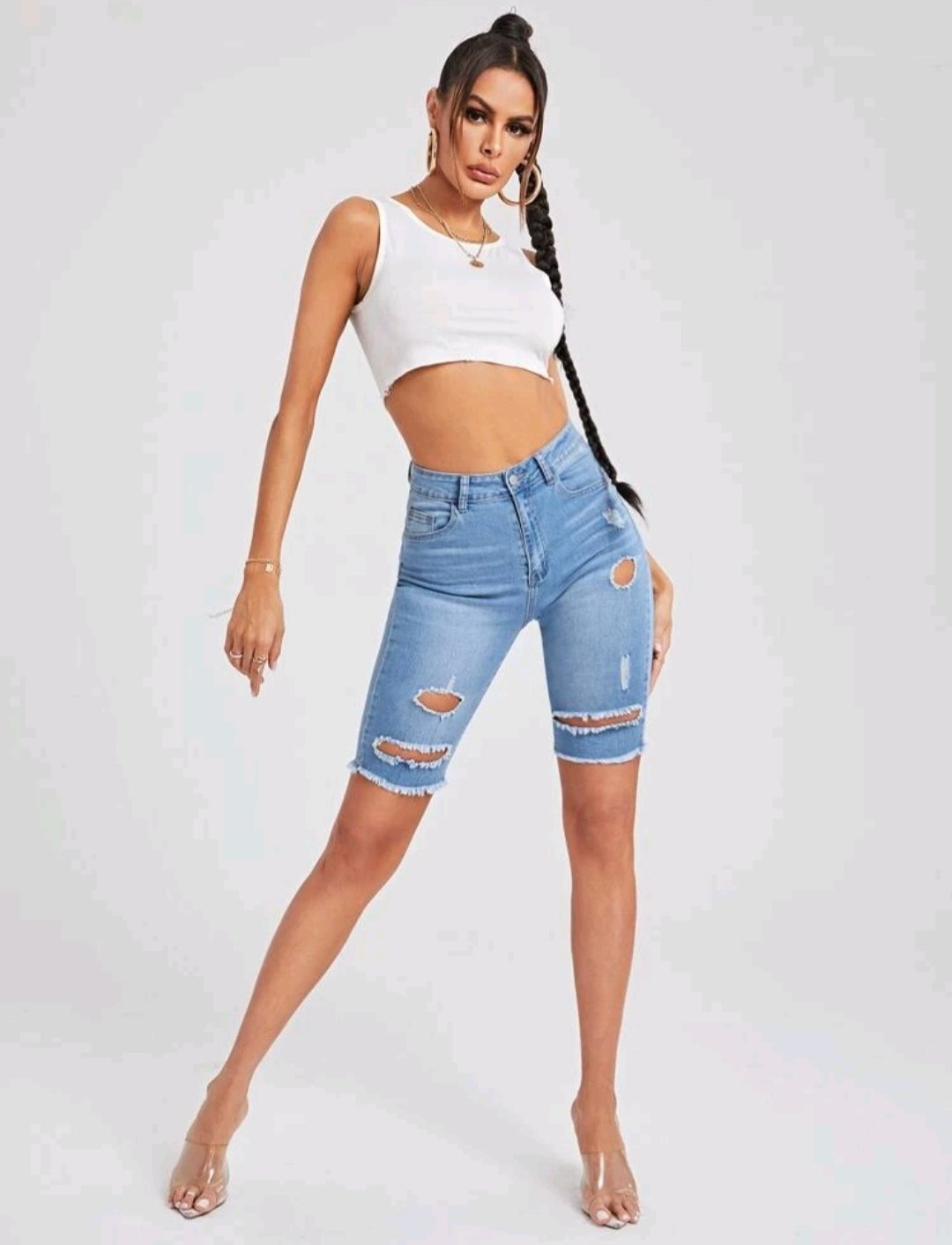 High Waist Ripped Bermuda Denim Shorts - Image 2