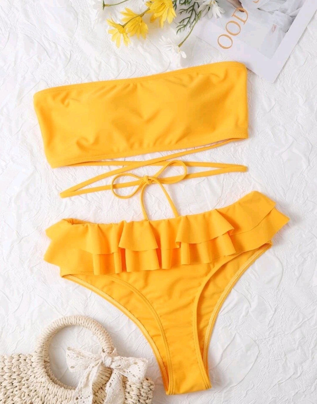 Ruffle Trim Bandeau High Waisted Bikini Swimsuit - Image 2