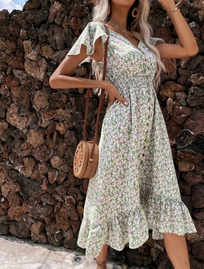 Ditsy Floral Print Backless Shirred Waist Ruffle Hem Dress