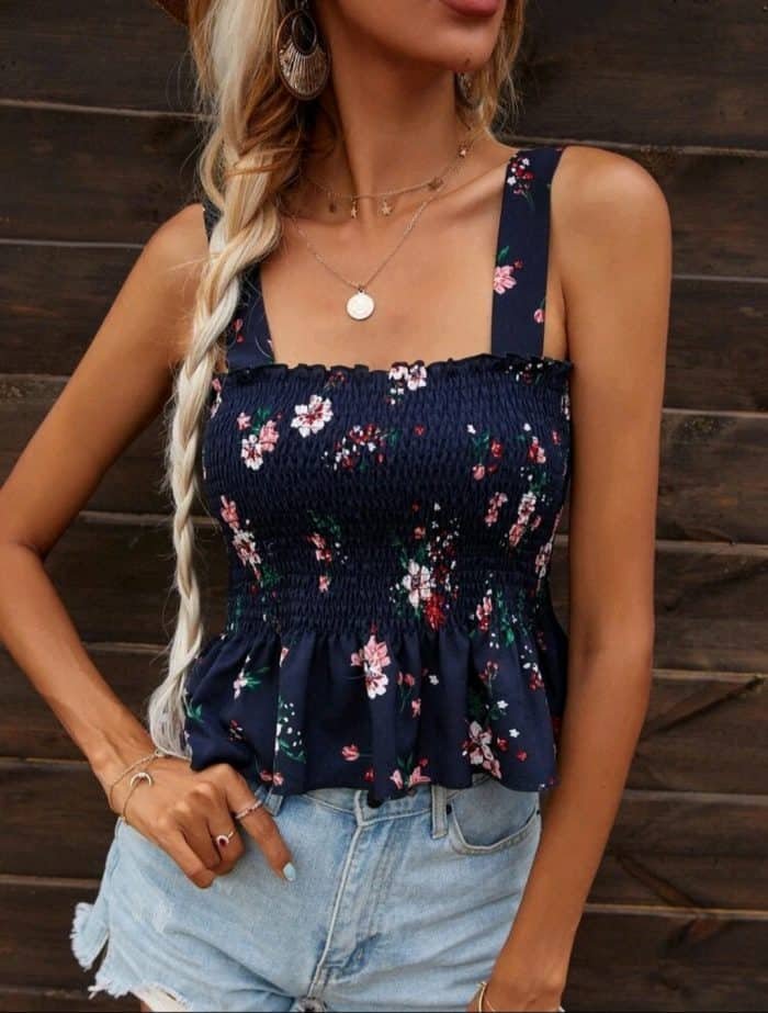 Floral Print Shirred Detail Ruffle Hem Cami Top