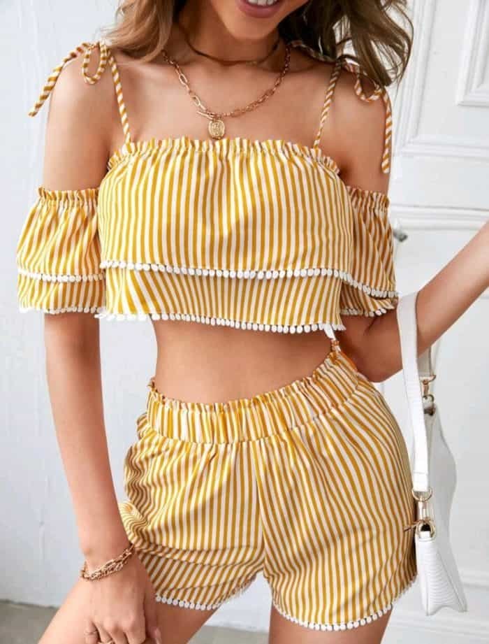 Striped Layered Hem Top & Shorts Set
