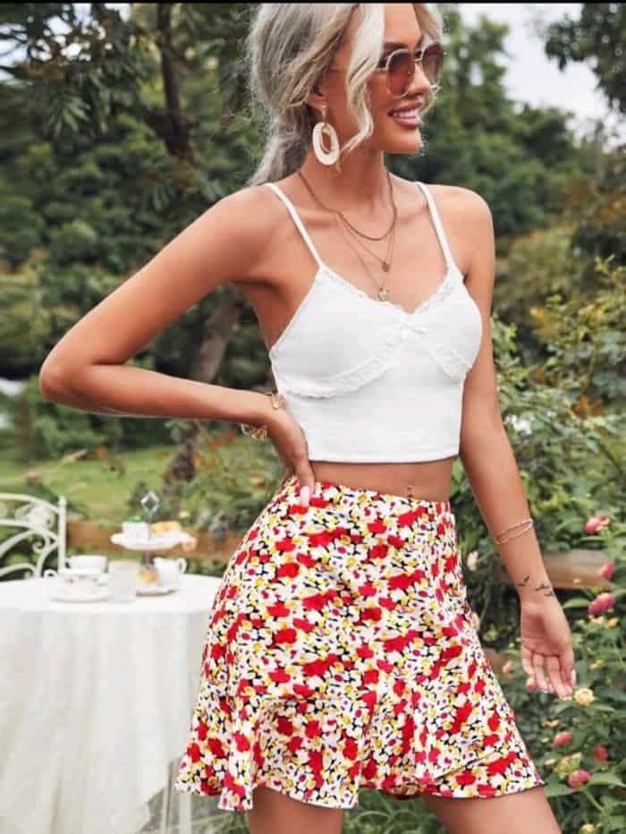 SHEIN Lace Trim Cami Top & Floral Ruffle Skirt Set