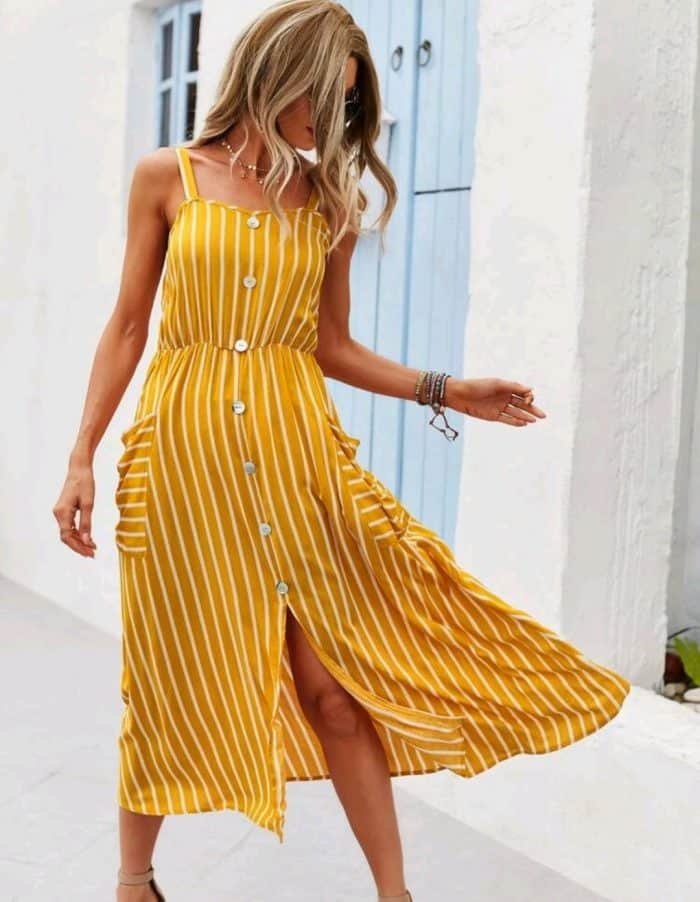 Stripe Dual Pocket Button Front Cami Dress