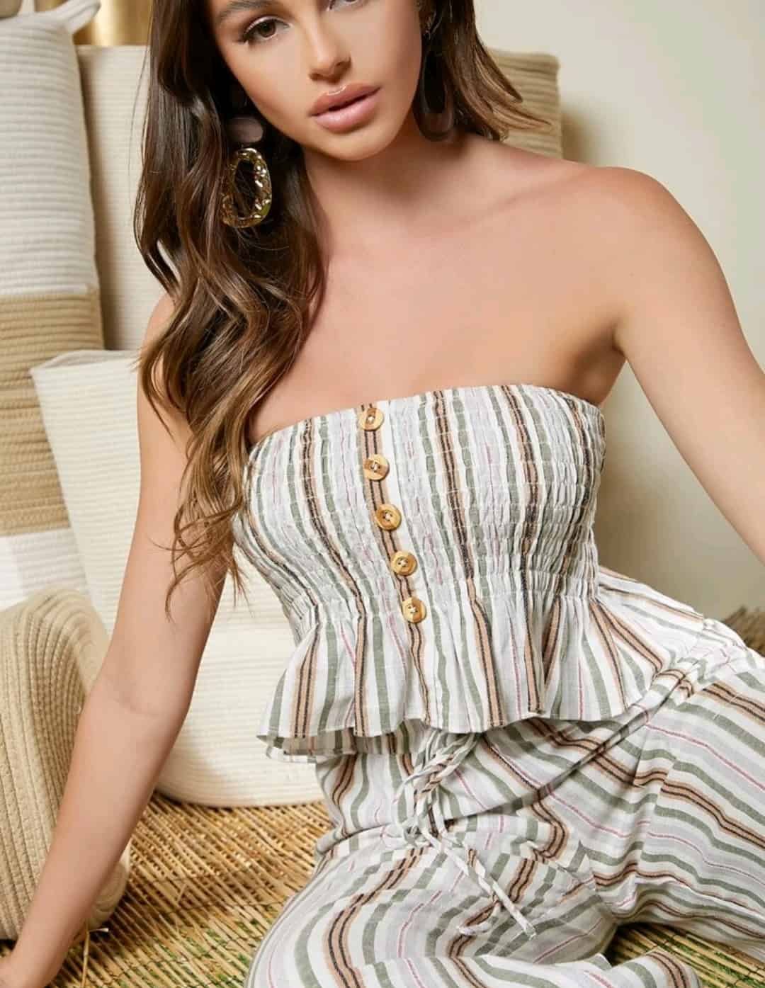 SHEIN Shirred Ruffle Hem Striped Tube Top & Pants Set - Image 4