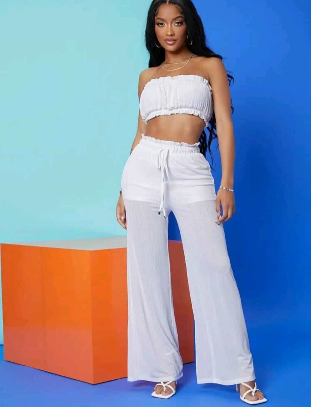 SHEIN Ruched Bandeau Top & Drawstring Paperbag Pants Set - Image 4