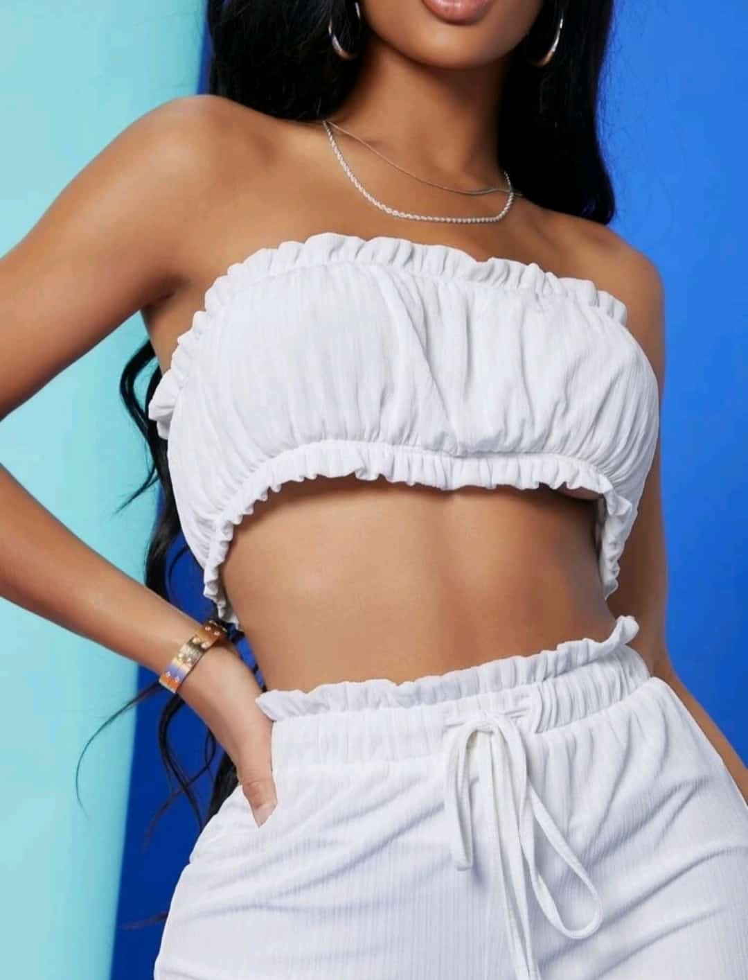 SHEIN Ruched Bandeau Top & Drawstring Paperbag Pants Set - Image 3