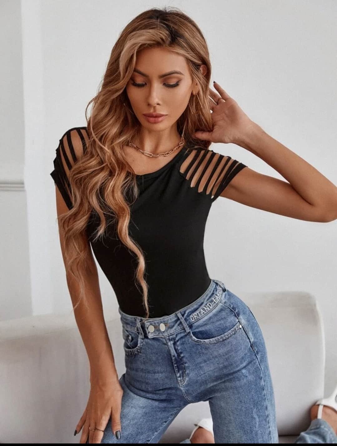 Ladder Cut Out Shoulder Solid Tee - Image 4