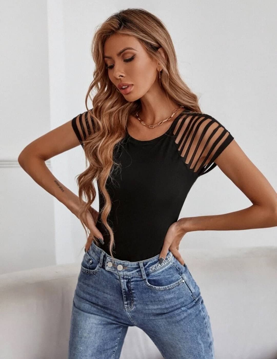 Ladder Cut Out Shoulder Solid Tee - Image 3