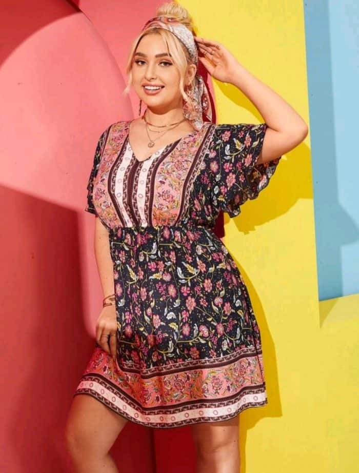 SHEIN Plus V-neck Butterfly Sleeve Floral Dress
