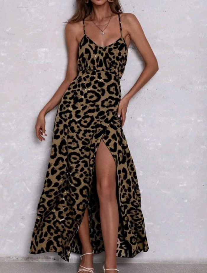 Leopard Print Wrap Hem Lace Up Backless Cami Dress