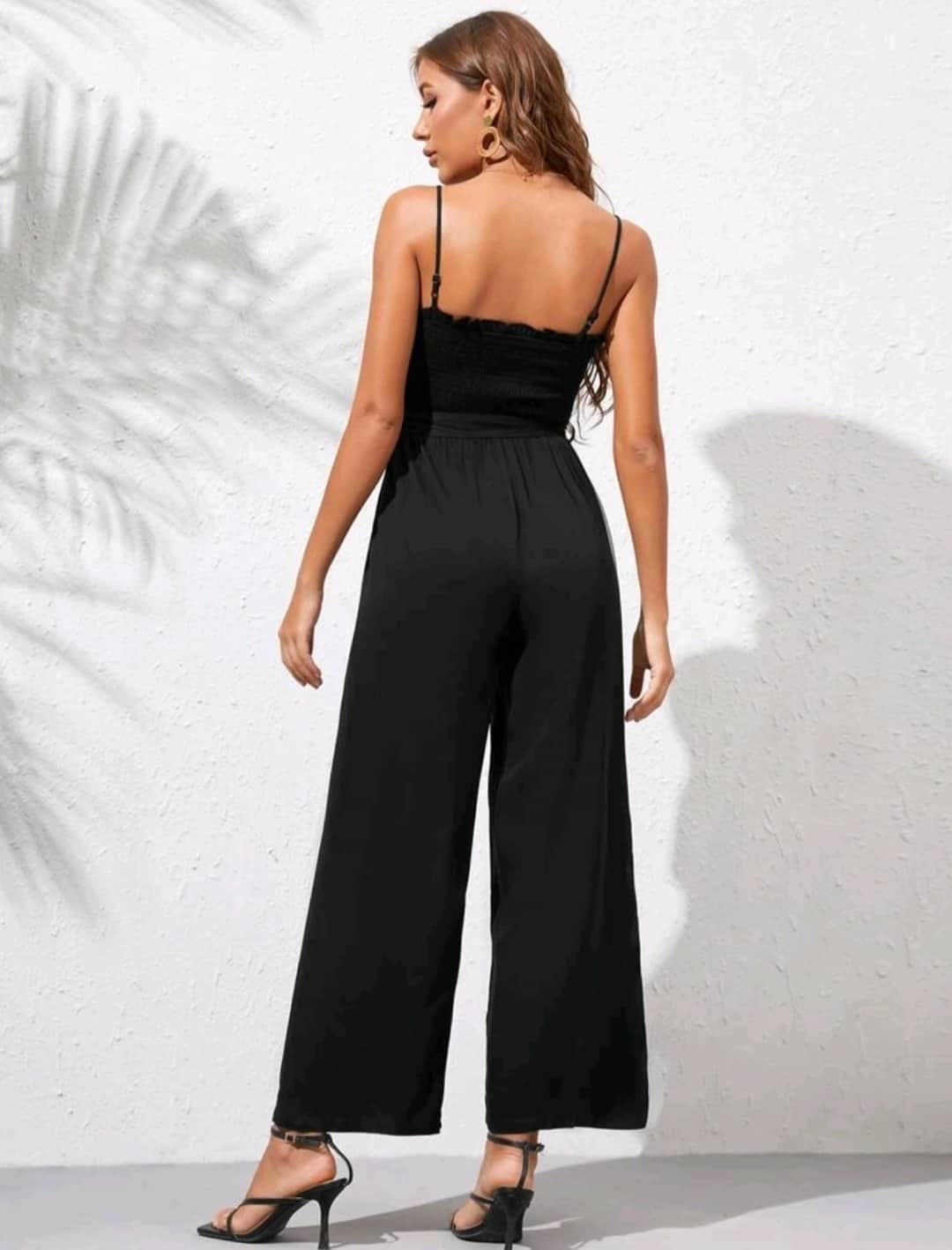SHEIN Shirred Waist Button Up Frill Trim Tie Belted Cami Jumpsuit - Image 6