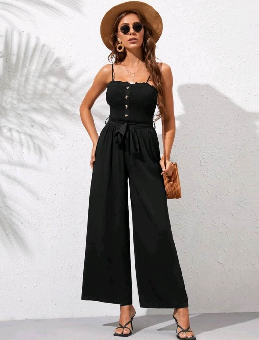 SHEIN Shirred Waist Button Up Frill Trim Tie Belted Cami Jumpsuit - Image 4