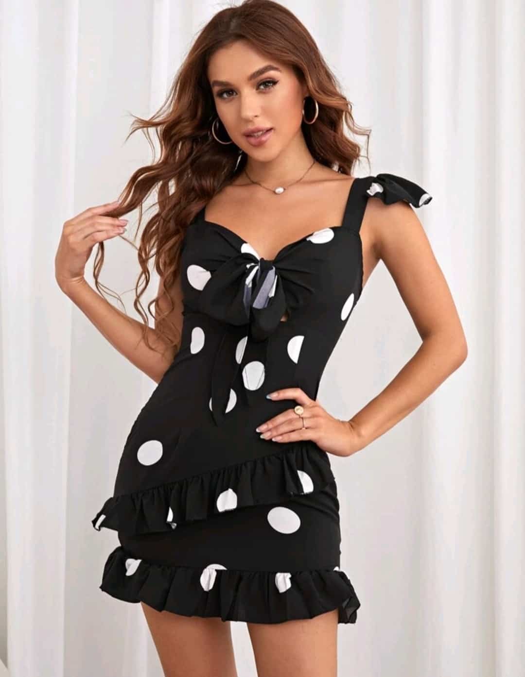 Polka Dot Ruffle Trim Tie Front Cami Dress - Image 4