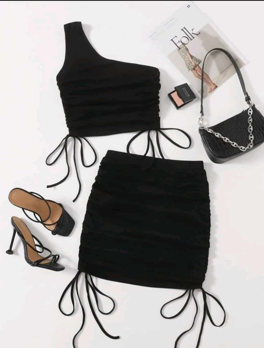 SHEIN One Shoulder Drawstring Ruched Side Crop Top & Skirt Set