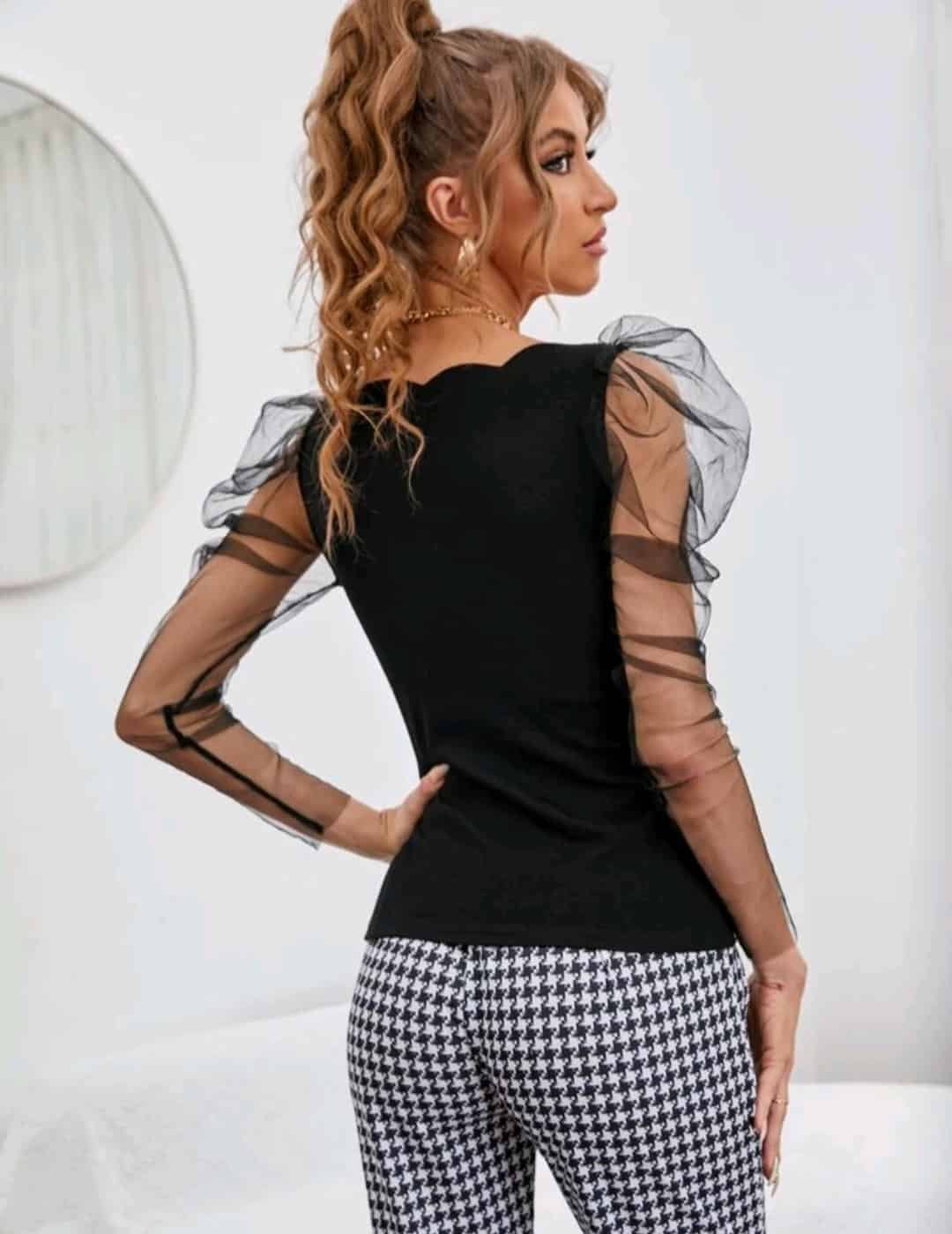 Leg-of-mutton Mesh Sleeve Scallop Trim Neck Top - Image 5