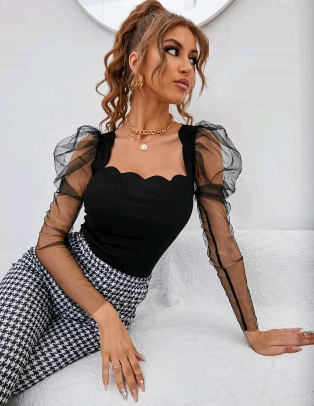 Leg-of-mutton Mesh Sleeve Scallop Trim Neck Top - Image 3