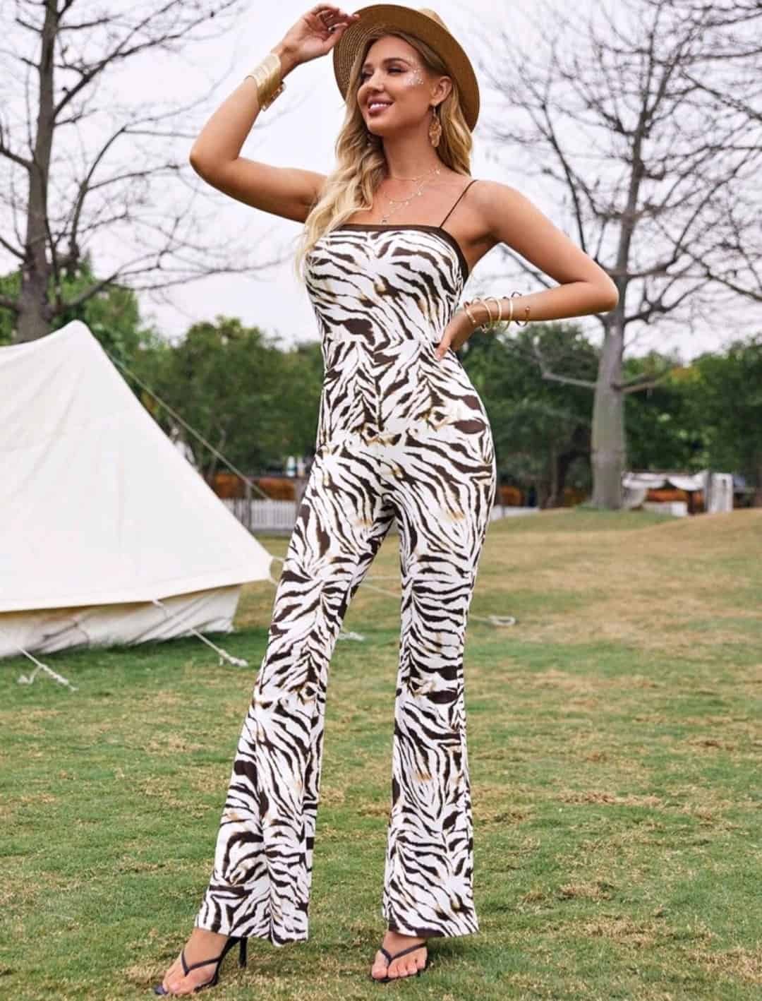 SHEIN Contrast Trim Zebra Striped Flare Leg Jumpsuit - Image 5