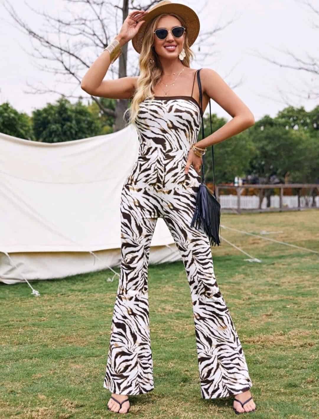 SHEIN Contrast Trim Zebra Striped Flare Leg Jumpsuit - Image 4