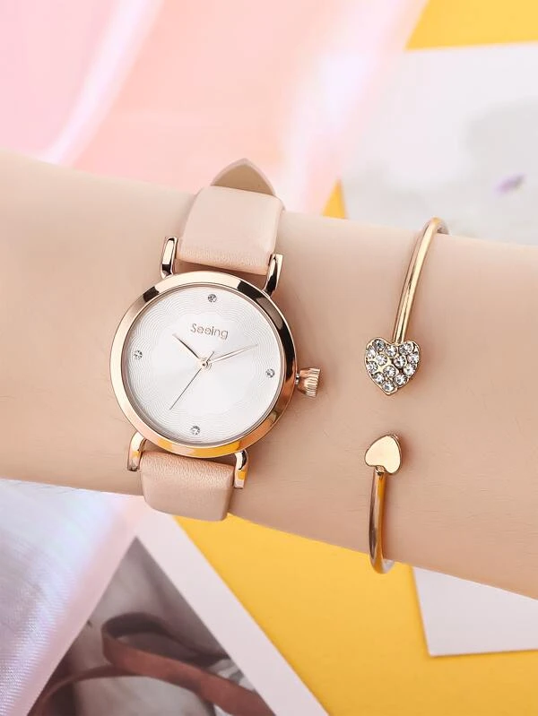 Dropship 1pc Round Pointer Quartz Watch & 1pc Bracelet Fancy Women