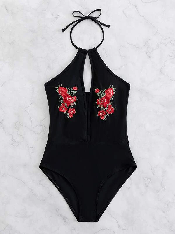 SHEIN Floral Embroidery Contrast Lace Tie Backless Mesh Halter Bodysuit -  Trendy Eg