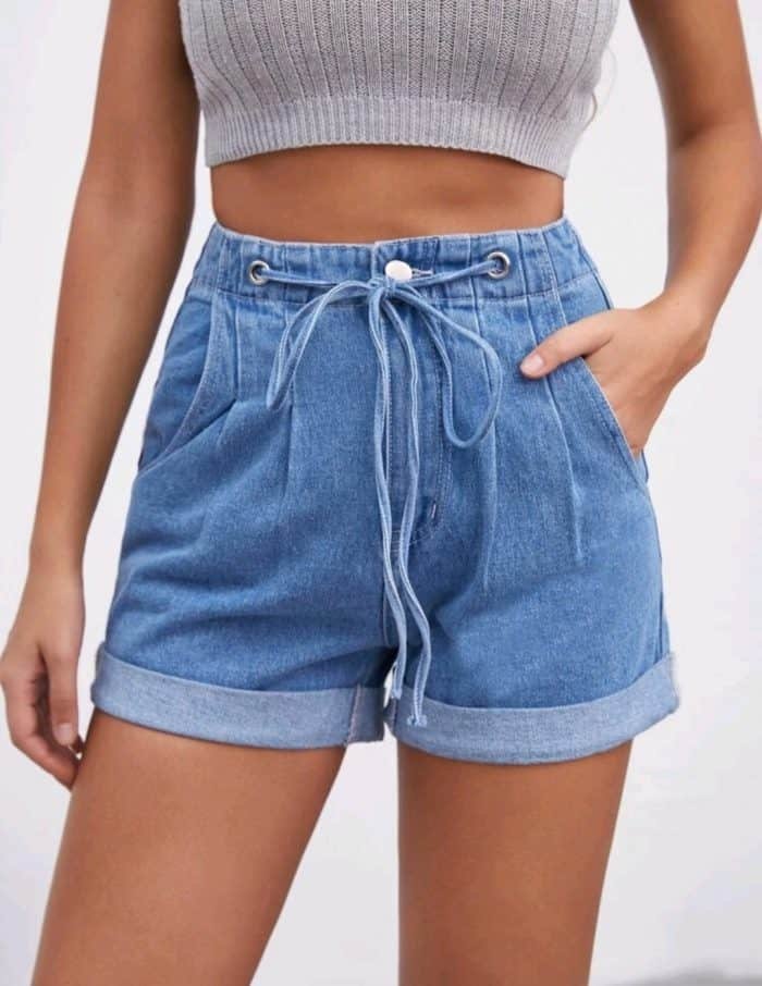 Drawstring Waist Slant Pocket Cuffed Hem Denim Shorts