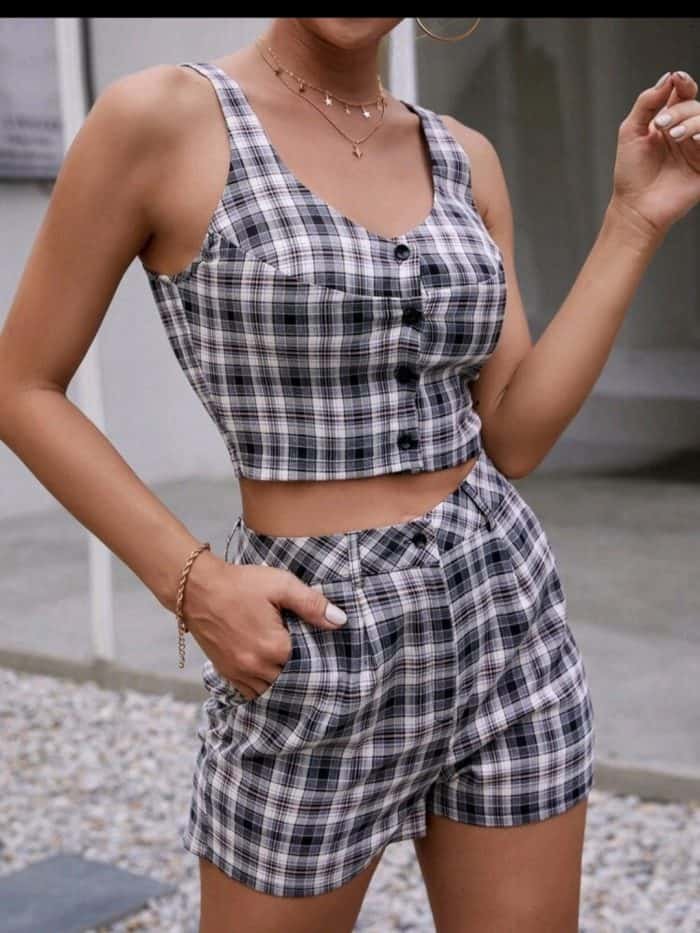 Button Front Tartan Crop Cami Top