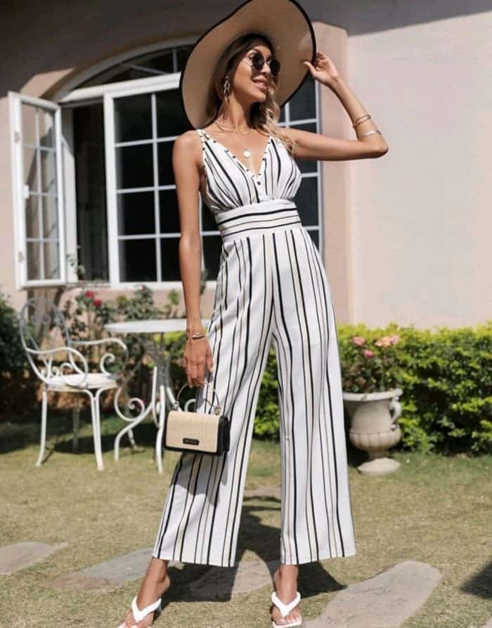 Double Spaghetti Strap Backless Striped Jumpsuit