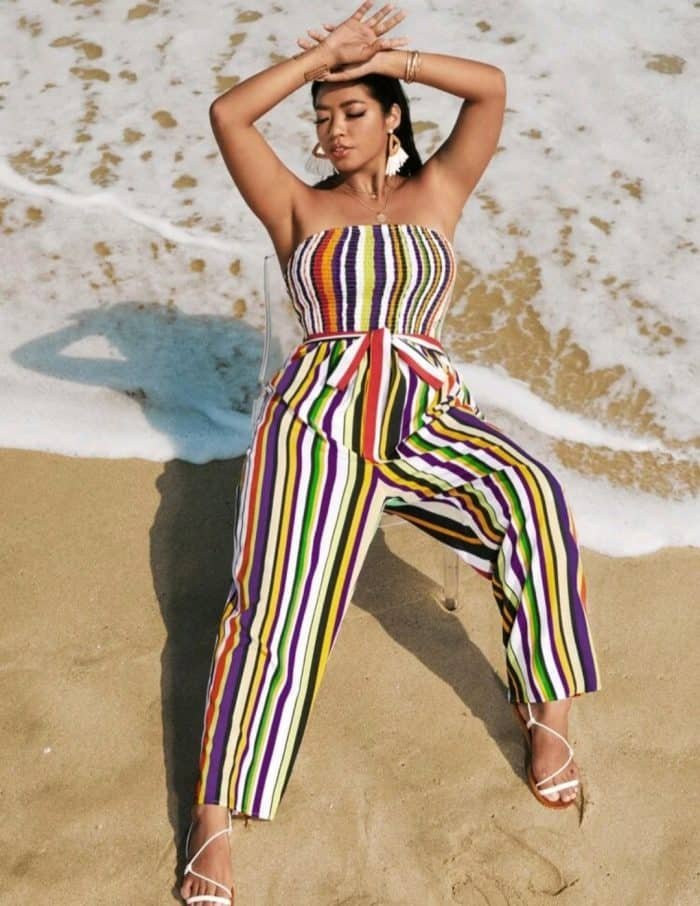 Plus Multi-striped Shirred Belted Tube Jumpsuit