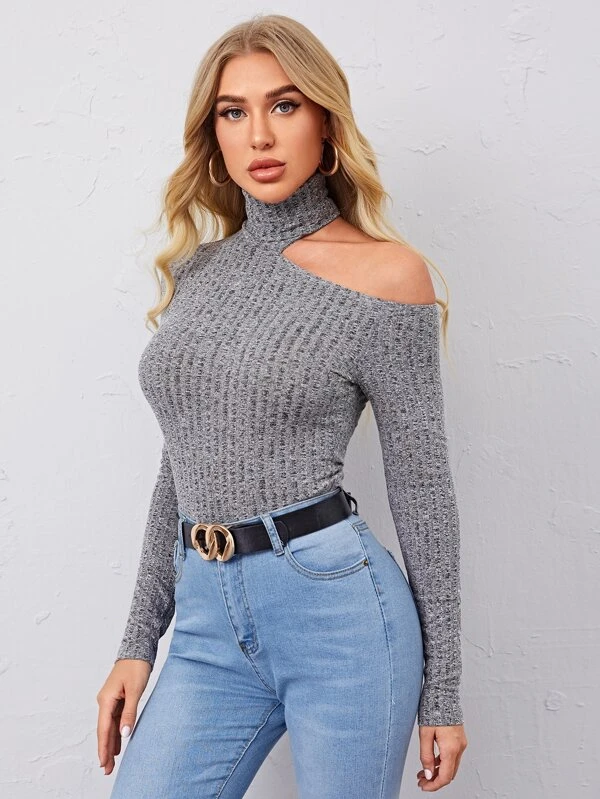 SHEIN Asymmetrical Neck Rib-knit Tee