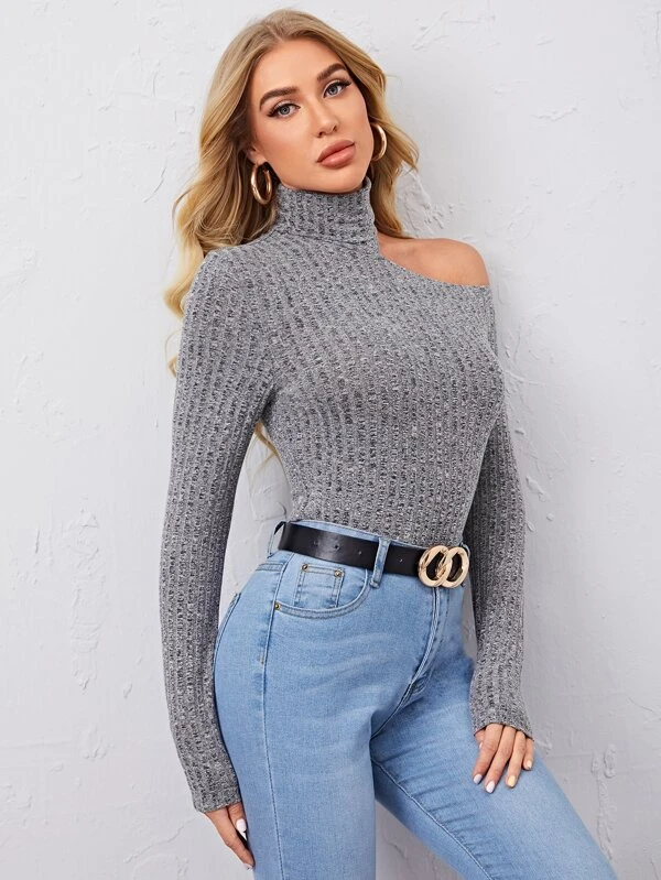 SHEIN Asymmetrical Neck Rib-knit Tee - Image 5