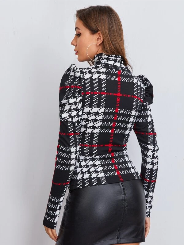 SHEIN High Neck Gigot Sleeve Plaid Tee - Image 2